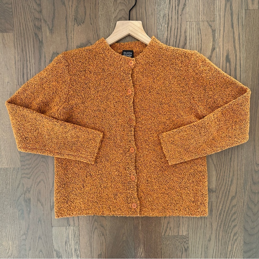 Eileen Fisher Petite Crew Neck Bouclé Cashmere Blend Cardigan Sweater Orange XSP